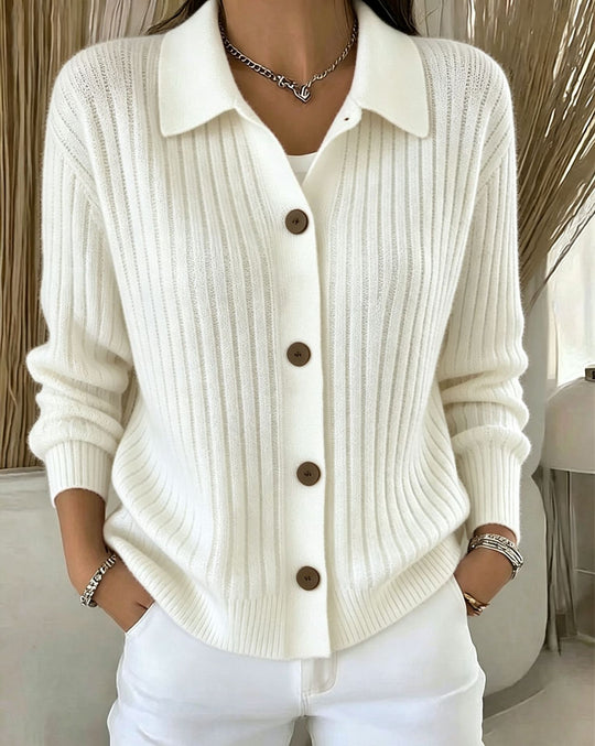 Damen Feiner gerippter Knopf‑Cardigan mit Hemdkragen und kastiger Silhouette Shop Nory