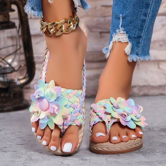Damen Geflochtene Zehentrenner‑Sandalen mit XXL‑Blütenapplikation und gepolstertem Komfortfußbett Shop Nory