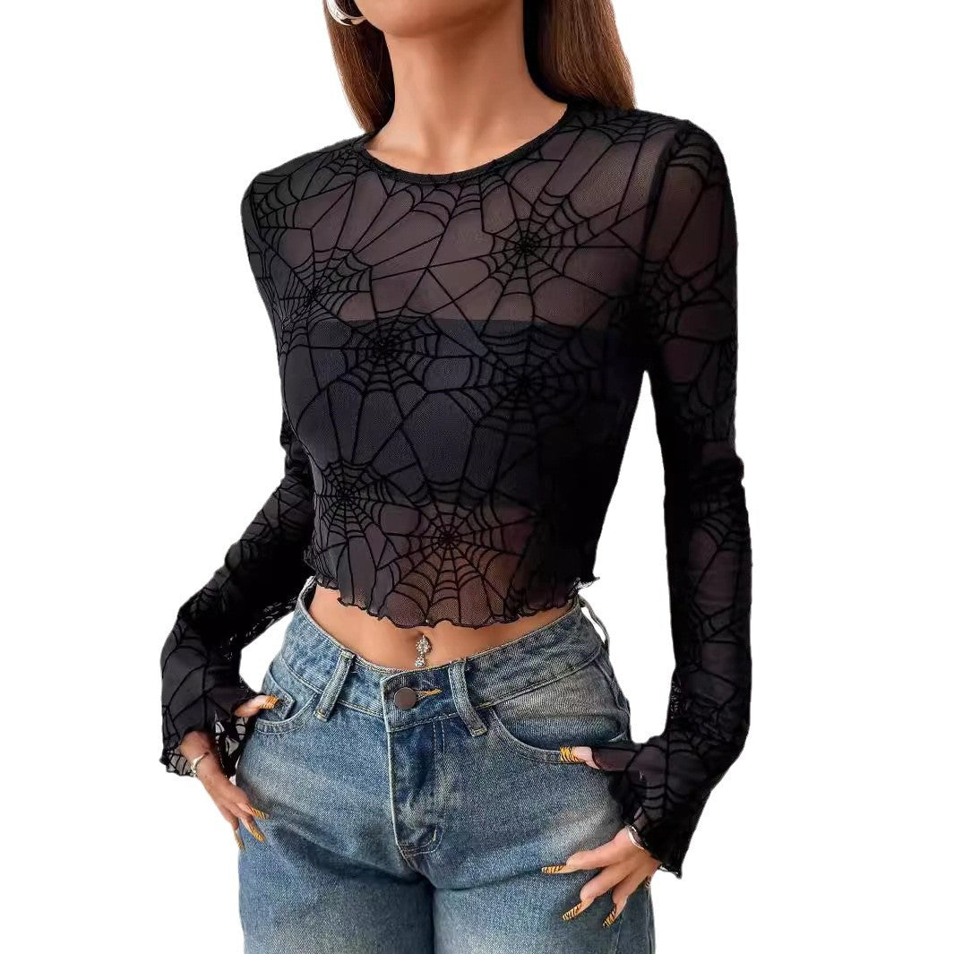 Damen nan transparentes Netztop mit samtigem Spinnennetzprint und bauchfreiem Schnitt Shopnory