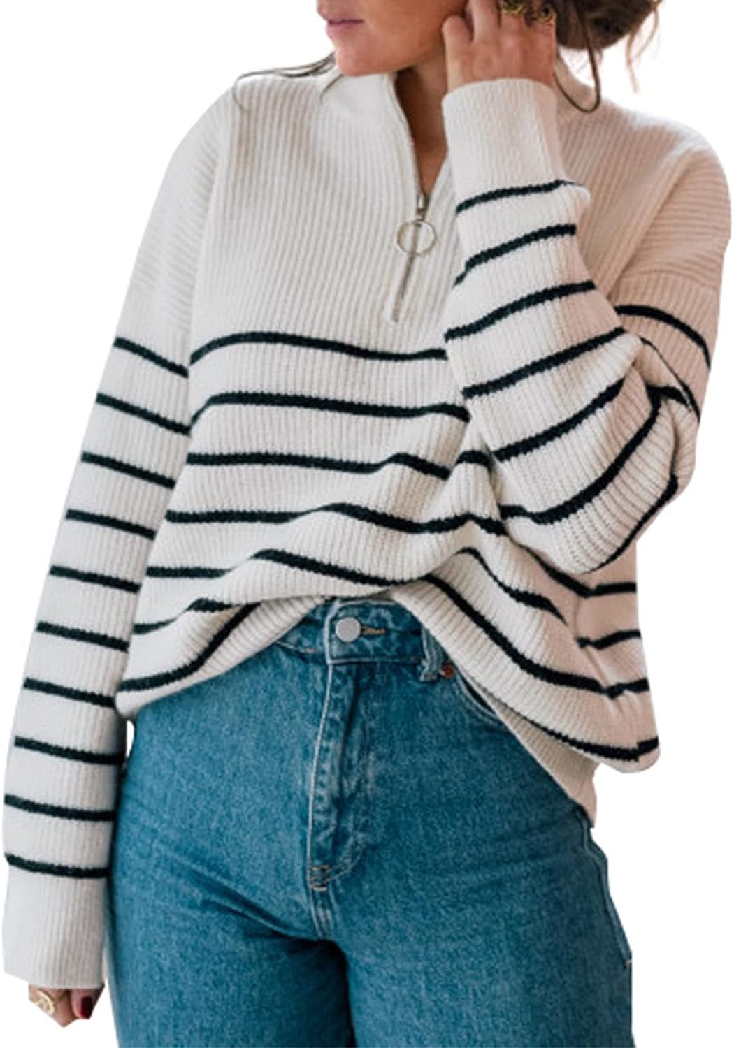 Damen lässiger Pullover mit kurzem Reißverschluss und Streifenmuster