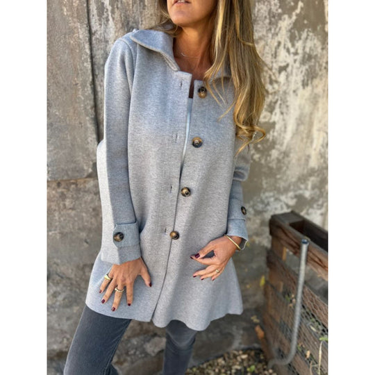 Damen leichter ausgestellter Strickmantel mit Knopfleiste und Stehkragen Shop Nory