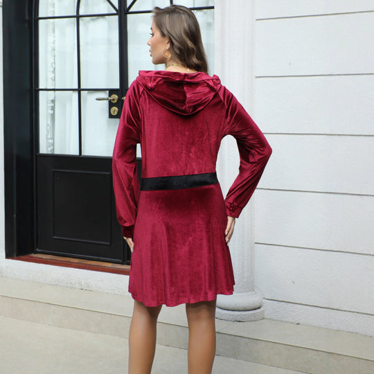 Damen Samt-Kapuzenkleid mit Reißverschluss, Taillengürtel & Katzenohren Shop Nory
