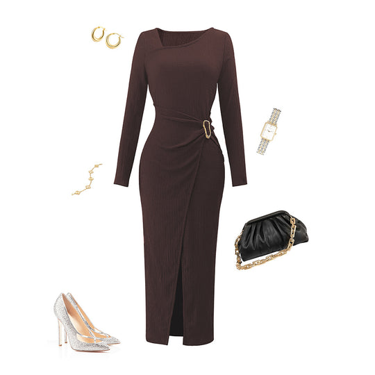 Damen asymmetrisches Wickel-Midikleid mit Ziergürtel, Drapierung und hohem Beinschlitz Shop Nory