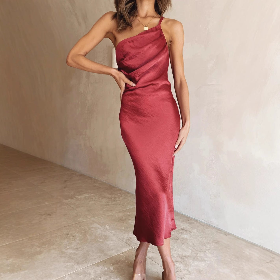 Damen Satin-Midikleid mit asymmetrischem Schnitt und elegantem Flair