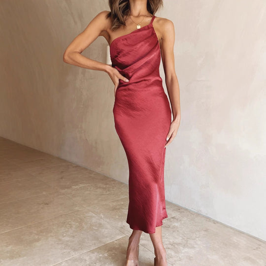 Damen Satin-Midikleid mit asymmetrischem Schnitt und elegantem Flair