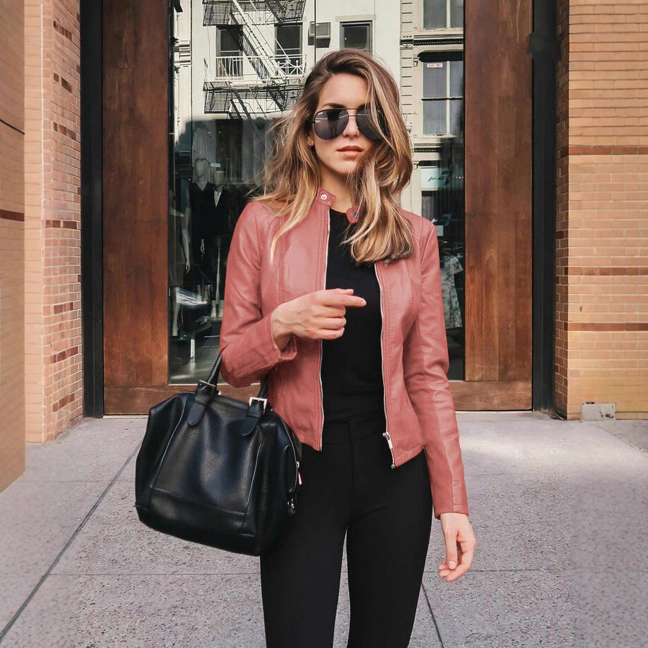 Damen nan taillierte Lederjacke mit Stehkragen und verdecktem Reißverschluss Shop Nory