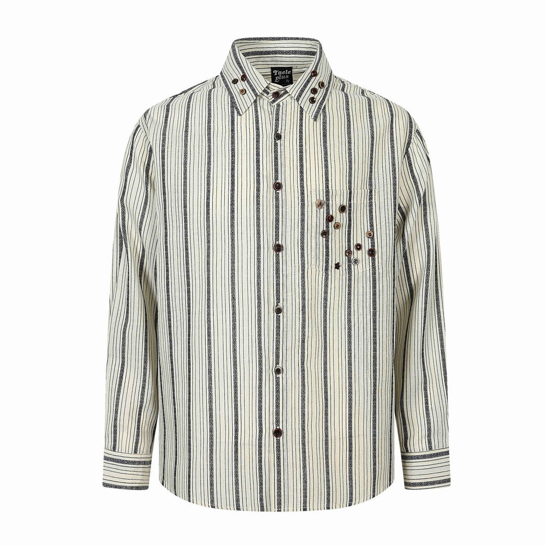 Herren Grobgewebtes Langarm‑Hemd mit vertikalem Streifenmuster, Kentkragen und dekorativen Knopfdetails Shop Nory