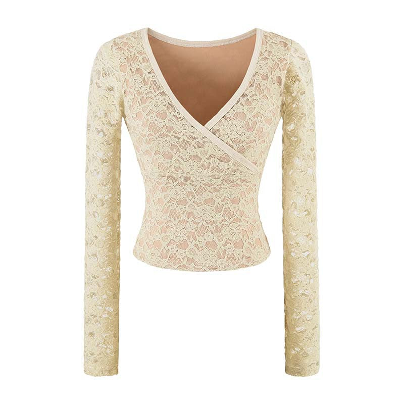 Damen Figurbetontes Spitzentop mit Wickel‑V‑Ausschnitt und langen Ärmeln Shop Nory