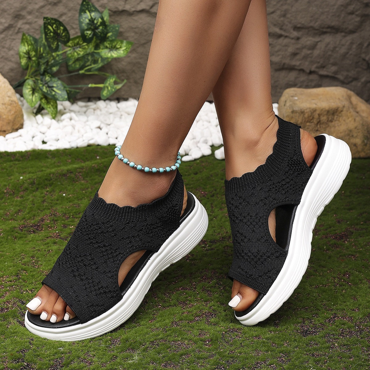 Damen Bequeme Plateau-Sandalen mit elastischem Obermaterial und atmungsaktiver Sohle Shopnory