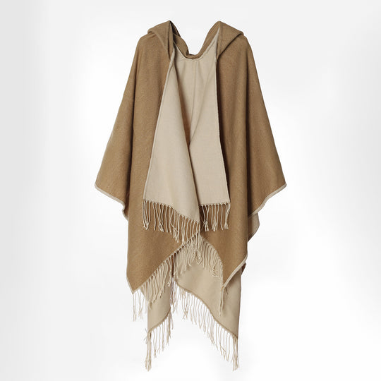 Damen Kapuzencape im Oversize-Überwurf aus Wollmix mit Wendefunktion und Fransensaum Shop Nory