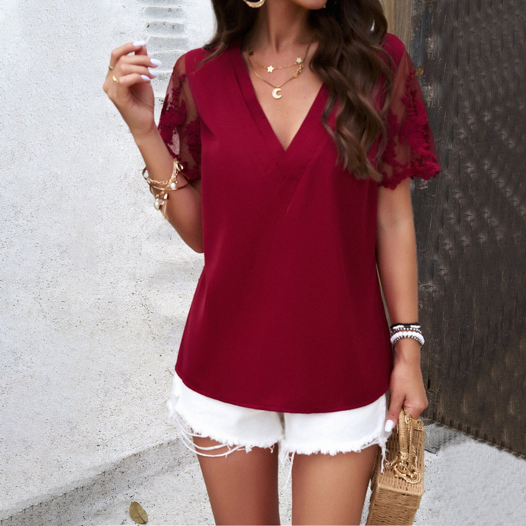 Damen Bluse mit eleganten Spitzenärmel und V-Ausschnitt Shopnory