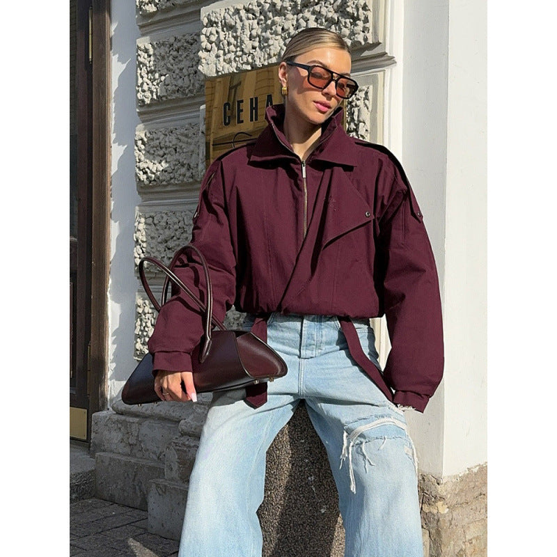 Damen Kurz geschnittene Oversize-Bomberjacke mit hohem Stehkragen, Tunnelzug und Schulterklappen Shop Nory