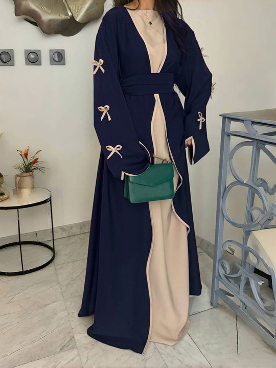 Damen nan elegante Abaya-Kaftan mit weitem Trompetenärmel, kontrastierender Passe und Wickelgürtel Shop Nory