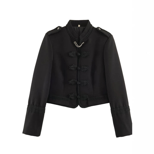 Damen Kurzblazer im Militärstil mit Kordelverzierung, Stehkragen und Zierfroschknöpfen Shop Nory