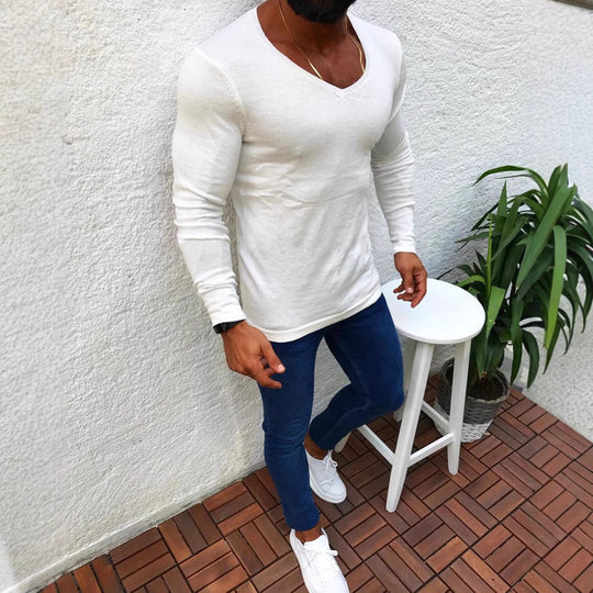 Herren figurbetontes Longsleeve aus Baumwolle mit V-Ausschnitt