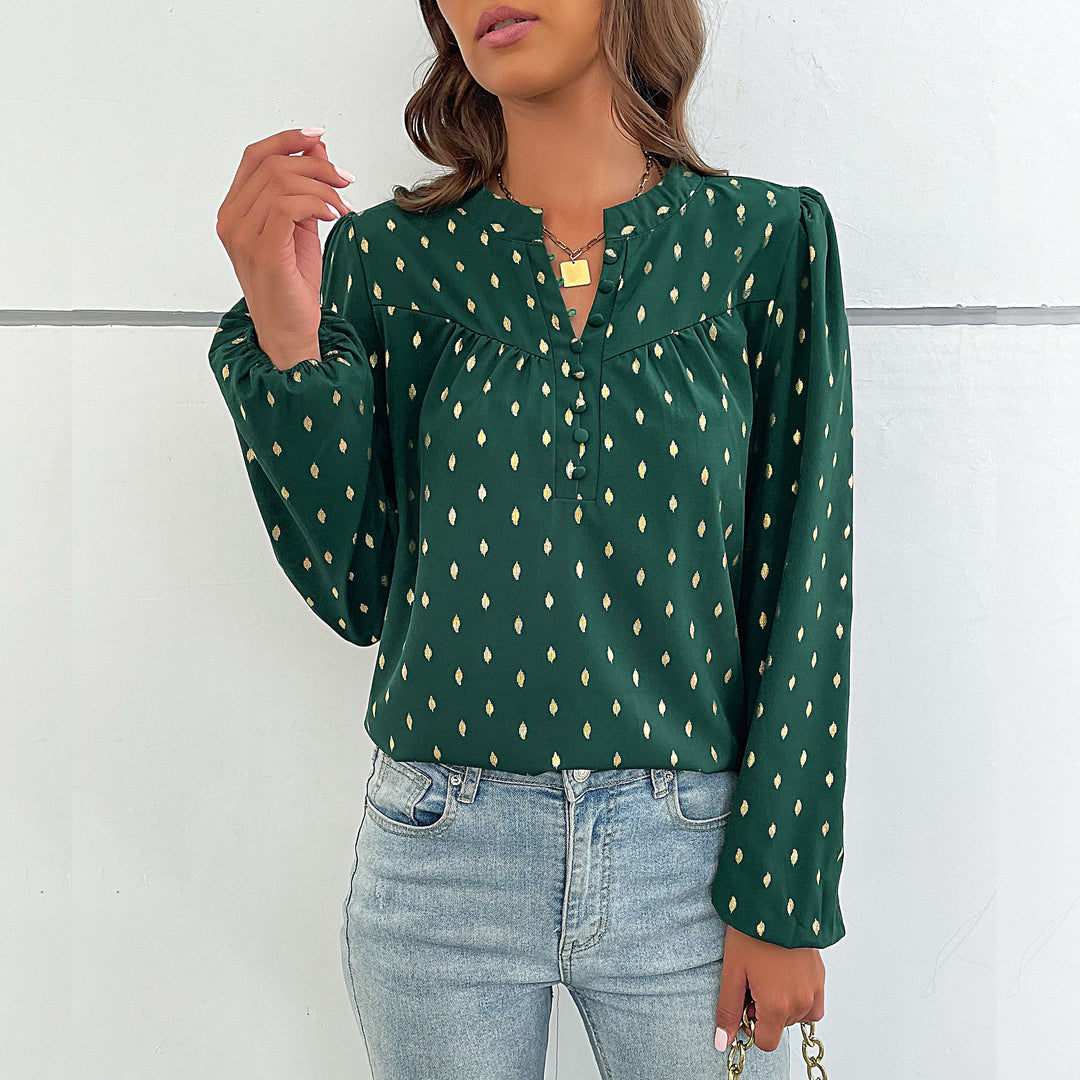 Damen Leichte Viskosebluse mit zartem Ikat‑Print, Stehkragen und dekorativer Knopfleiste Shop Nory