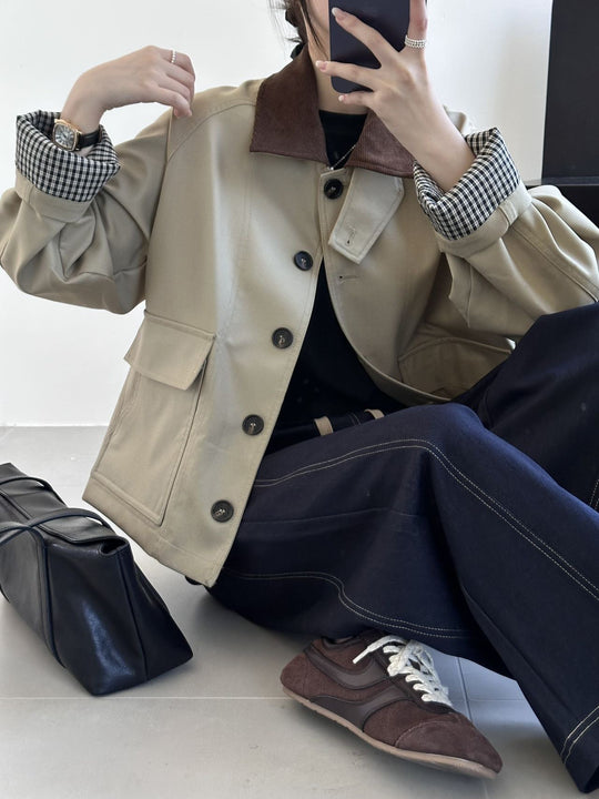 Damen Boxy Übergangsjacke mit Cordkragen und großen Pattentaschen Shop Nory