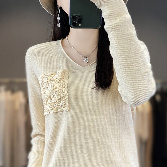 Damen Kaschmir‑Optik V‑Ausschnittpullover mit floraler Häkelapplikation Shop Nory
