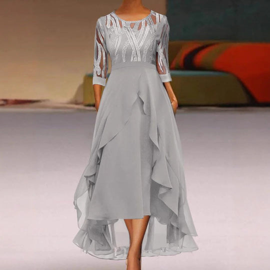 Damen nan edles Chiffon-Abendkleid mit besticktem Tülloberteil, Dreiviertelärmeln und asymmetrischem Stufen-Saum Shopnory