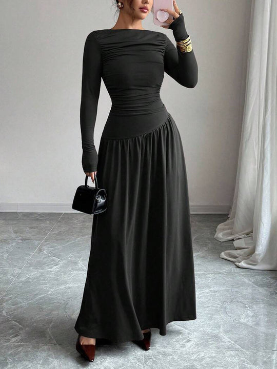 Damen Maxikleid mit gerafftem Oberteil, tailliertem Bund und Langarm Shop Nory
