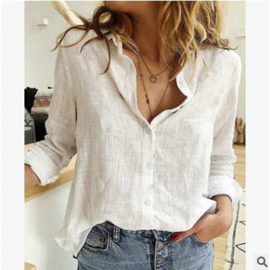 Damen Leichte Leinenbluse im legeren Oversize‑Schnitt mit Stufenkragen und durchgehender Knopfleiste Shop Nory