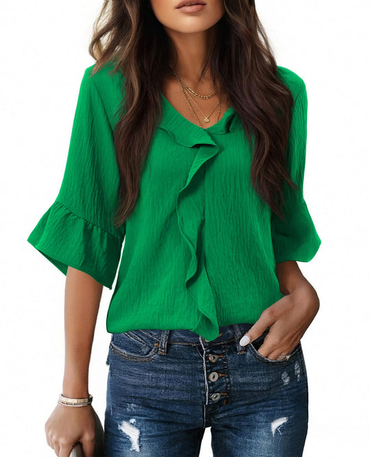 Damen Rüschenbluse mit V-Ausschnitt und Glockenärmeln Shop Nory