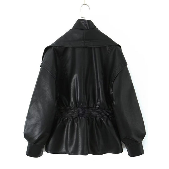 Damen Kunstlederjacke mit weitem Schalkragen und gerafftem Taillenbund Shop Nory