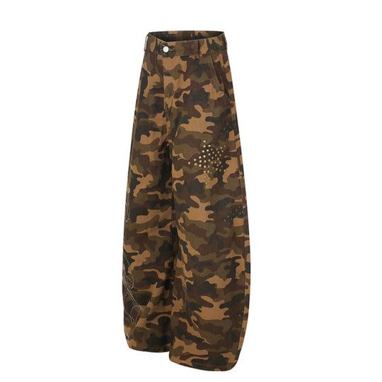 Damen Weite Camouflage-Palazzo-Hose mit Balloon-Saum und Nietenbesatz Shop Nory