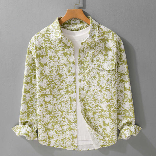 Damen Leichtes Blumenprint-Overshirt aus Leinen-Baumwollmix mit Kentkragen und Brusttasche Shop Nory