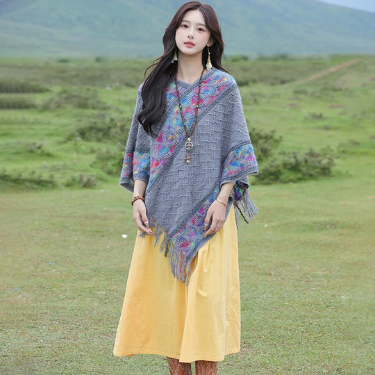 Damen Oversize-Poncho mit Fransen und geometrischem Jacquardbesatz Shop Nory