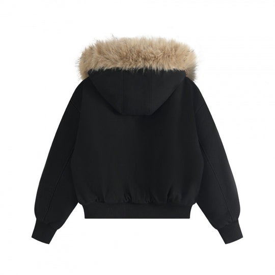 Damen Kurzer Boxy-Bomber mit Kapuze und abnehmbarem Kunstfellbesatz Shop Nory