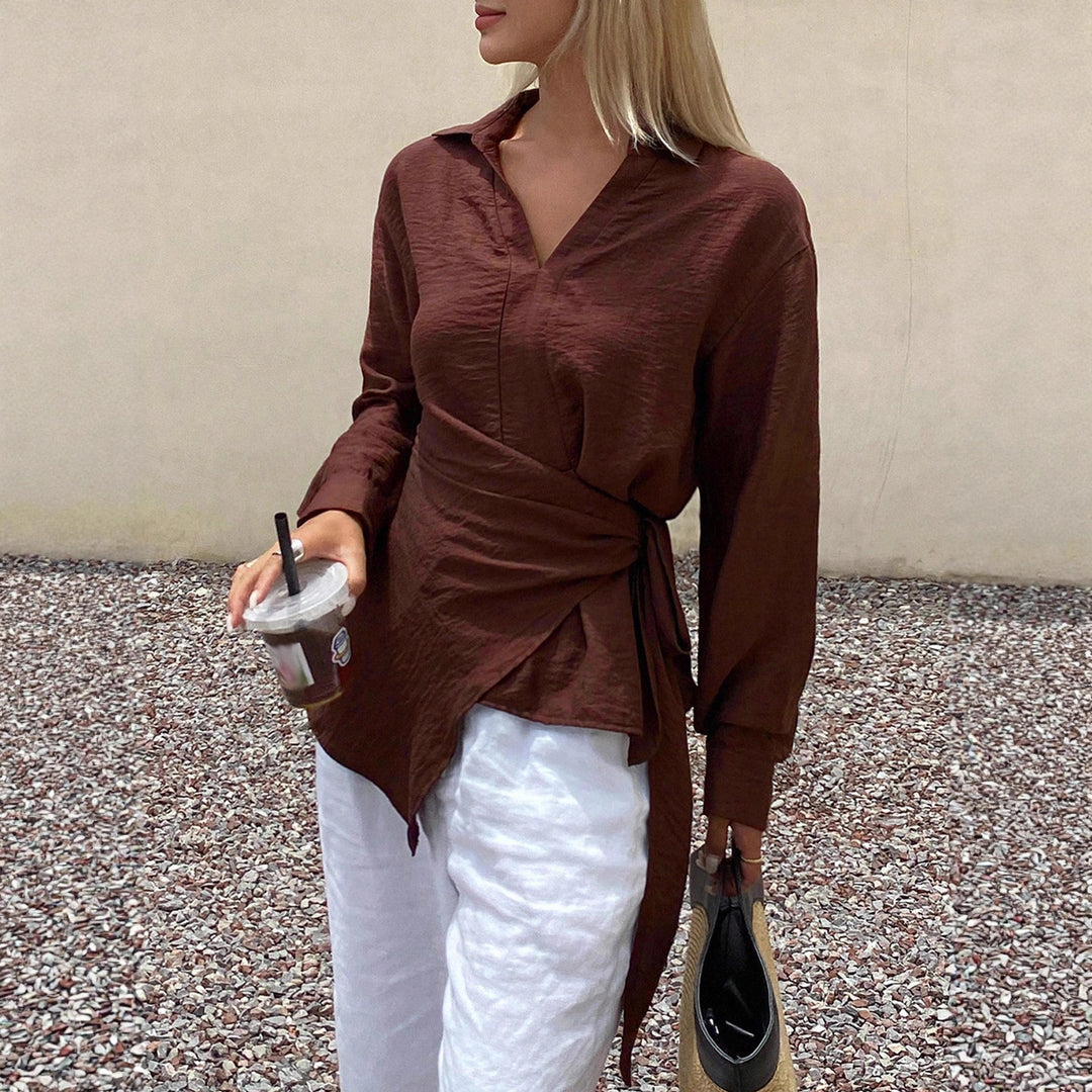 Damen Asymmetrische V‑Ausschnitt Bluse mit Hemdkragen und Ballonärmeln Shop Nory