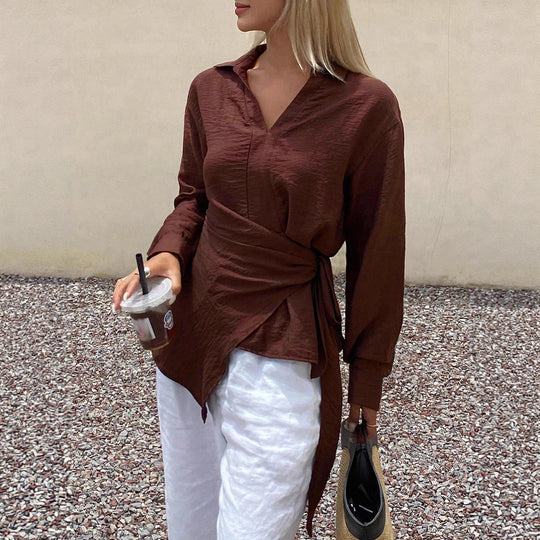 Damen Asymmetrische V‑Ausschnitt Bluse mit Hemdkragen und Ballonärmeln Shop Nory