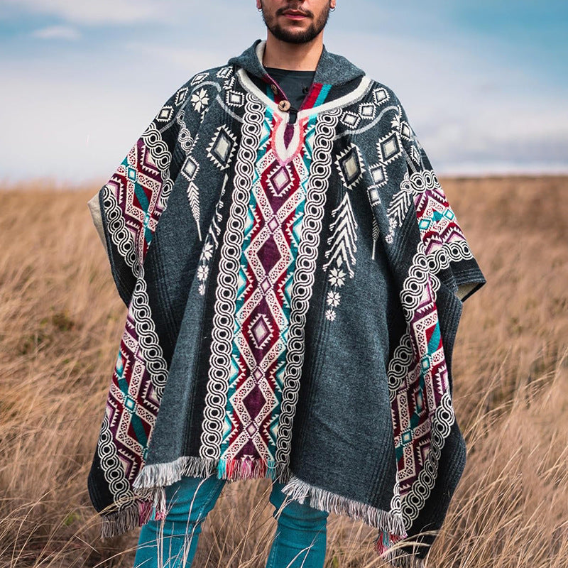 Herren Kapuzenponcho aus Wollmix mit Fransen und Ethno‑Jacquardmuster Shop Nory