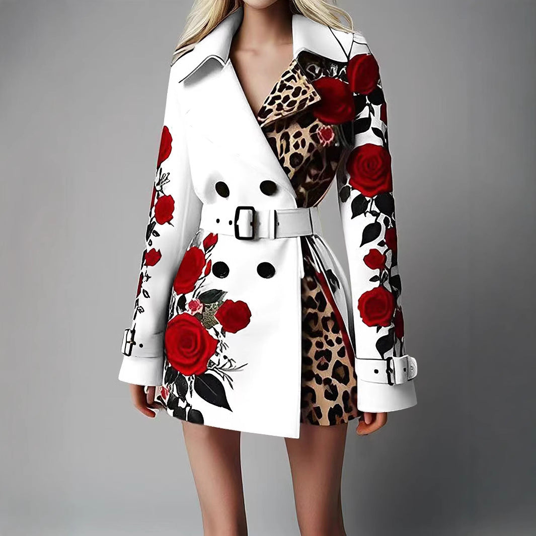 Damen Taillierter Trenchcoat mit Rosenprint und Leoparden-Innenfutter Shop Nory