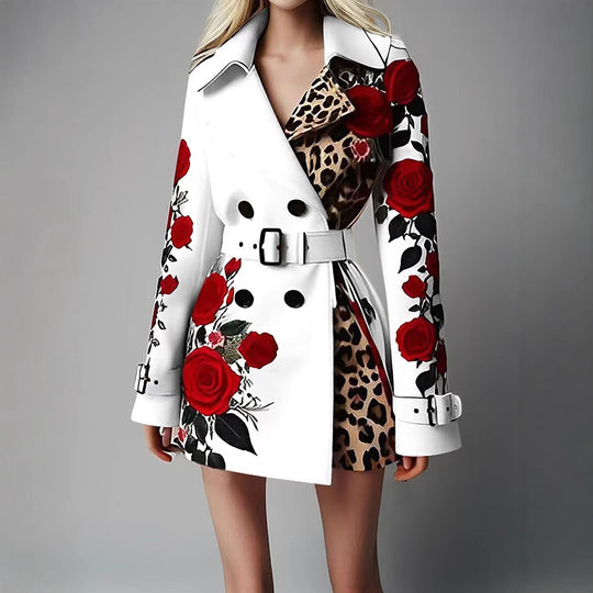 Damen Taillierter Trenchcoat mit Rosenprint und Leoparden-Innenfutter Shop Nory