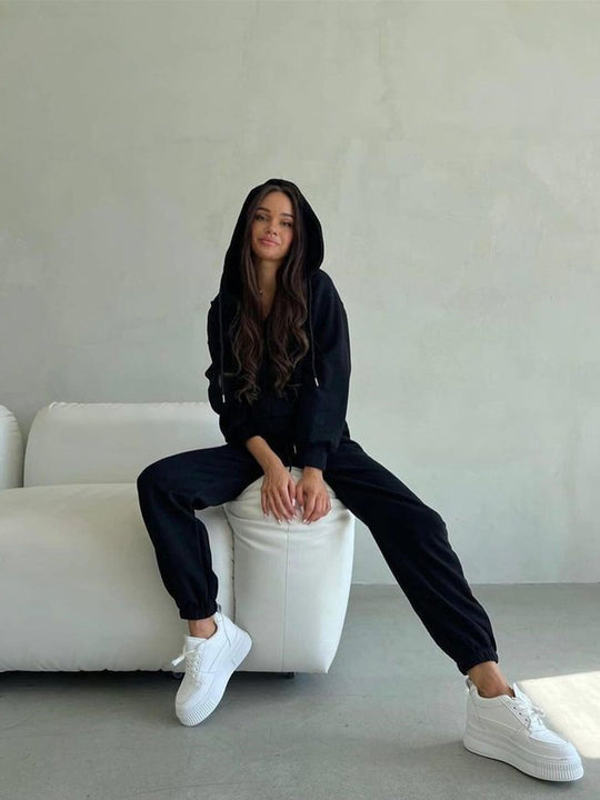 Damen lässiges Kapuzen-Sweatshirt und Jogginghose Set in Oversize-Passform mit Reißverschluss und Kängurutasche Shop Nory