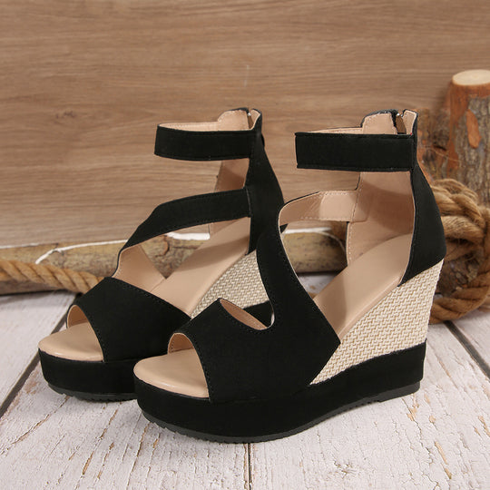 Damen Keilabsatz-Sandaletten mit Bastkeil, Plateau und verstellbarem Knöchelriemen Shop Nory