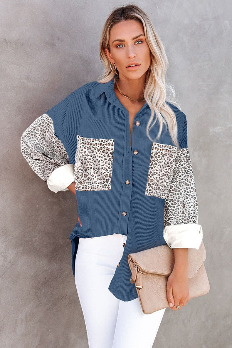 Damen Oversize-Cordhemd mit durchgehender Knopfleiste, Leo-Kontrastärmeln und aufgesetzten Taschen Shop Nory