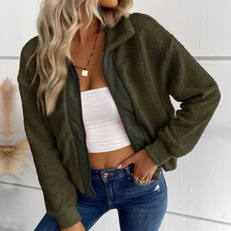 Damen Teddy-Fleece Bomberjacke mit Stehkragen, durchgehendem Reißverschluss und Rippbündchen Shop Nory