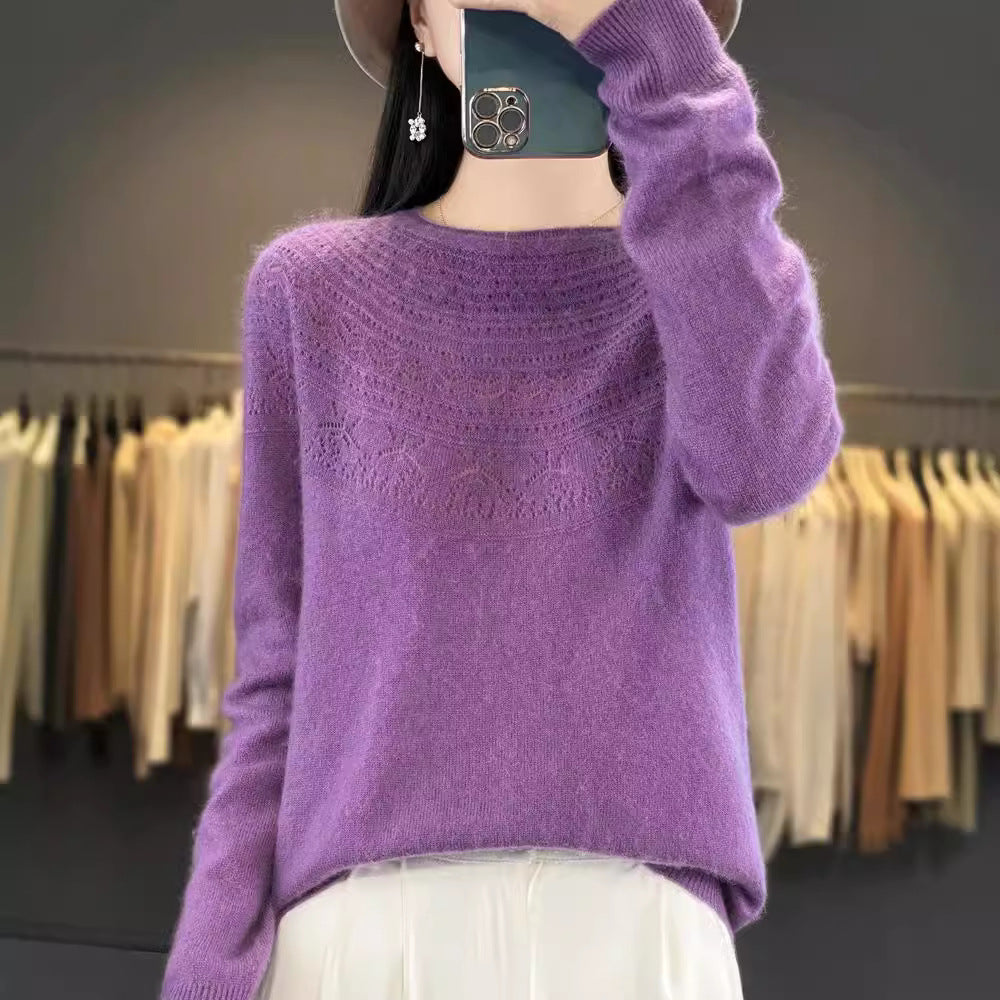 Damen Weicher Ajour‑Yoke Rundhalspullover in Kaschmir‑Optik Feinstrick Shop Nory