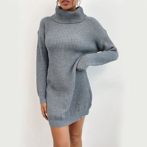 Damen Feines Rippen-Strickminikleid mit hohem Rollkragen Shop Nory