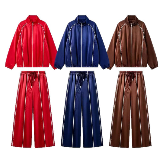 Damen Zweiteiliges Satin-Trainingsset mit Reißverschlussjacke und weitem Trackpant Shop Nory