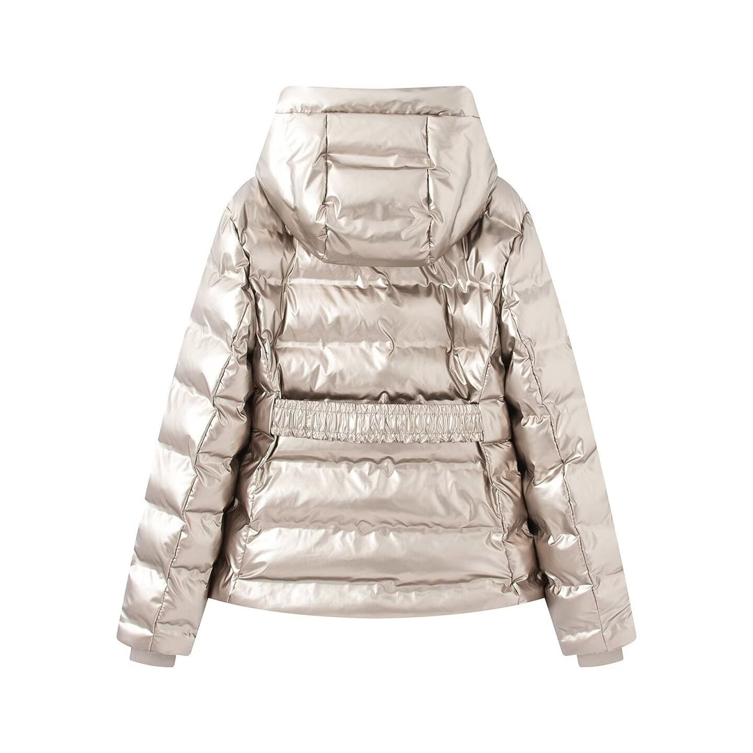 Damen Kurz geschnittene Steppjacke mit Kapuze, tailliertem Gummizug und Ziergürtel Shop Nory