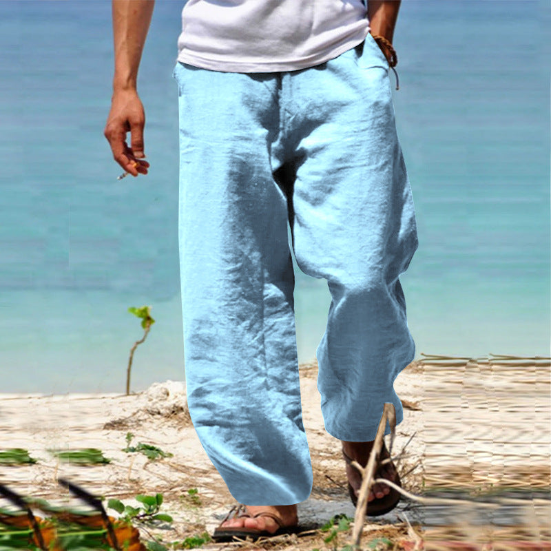 Herren nan lässige Strandhose im Palazzoschnitt aus atmungsaktivem Leinen-Baumwollmix mit Komfortbund