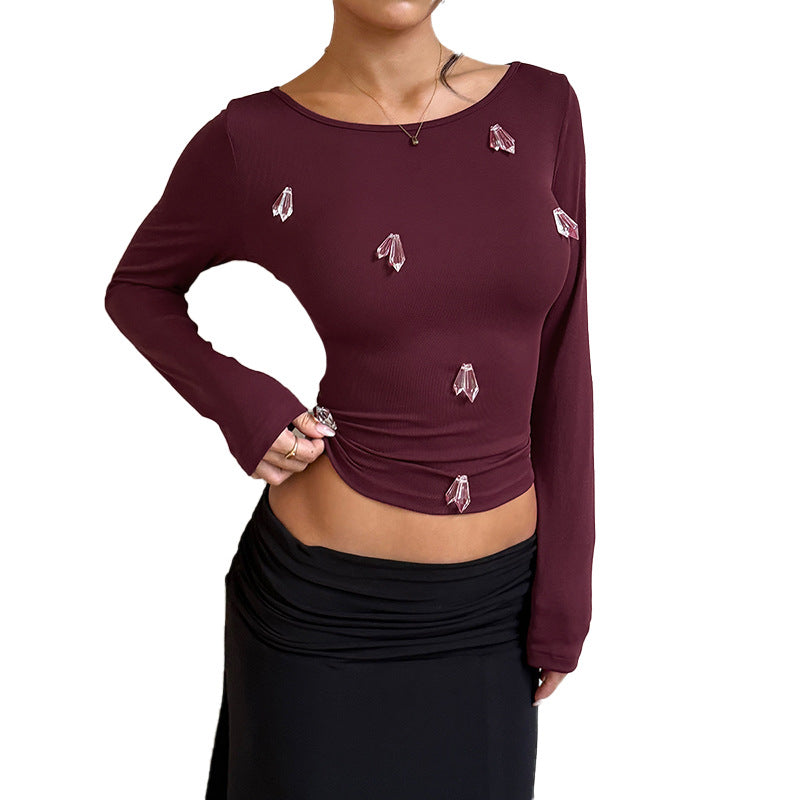 Damen Enganliegendes Langarmshirt mit Kristall‑Applikationen Shop Nory