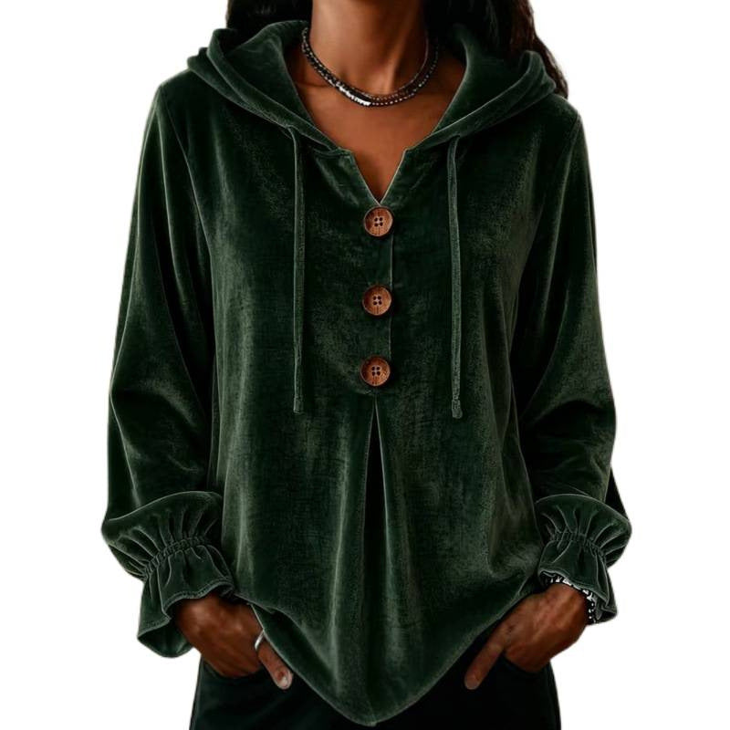 Damen Samt-Hoodie mit Holzknopfblende, Tunnelzug und gerafften Ärmeln Shop Nory