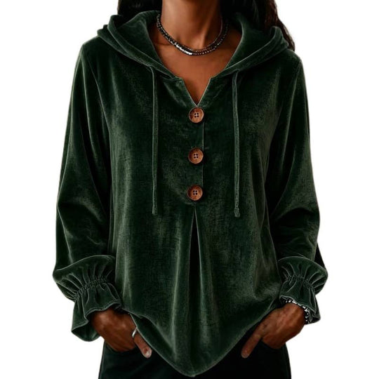 Damen Samt-Hoodie mit Holzknopfblende, Tunnelzug und gerafften Ärmeln Shop Nory