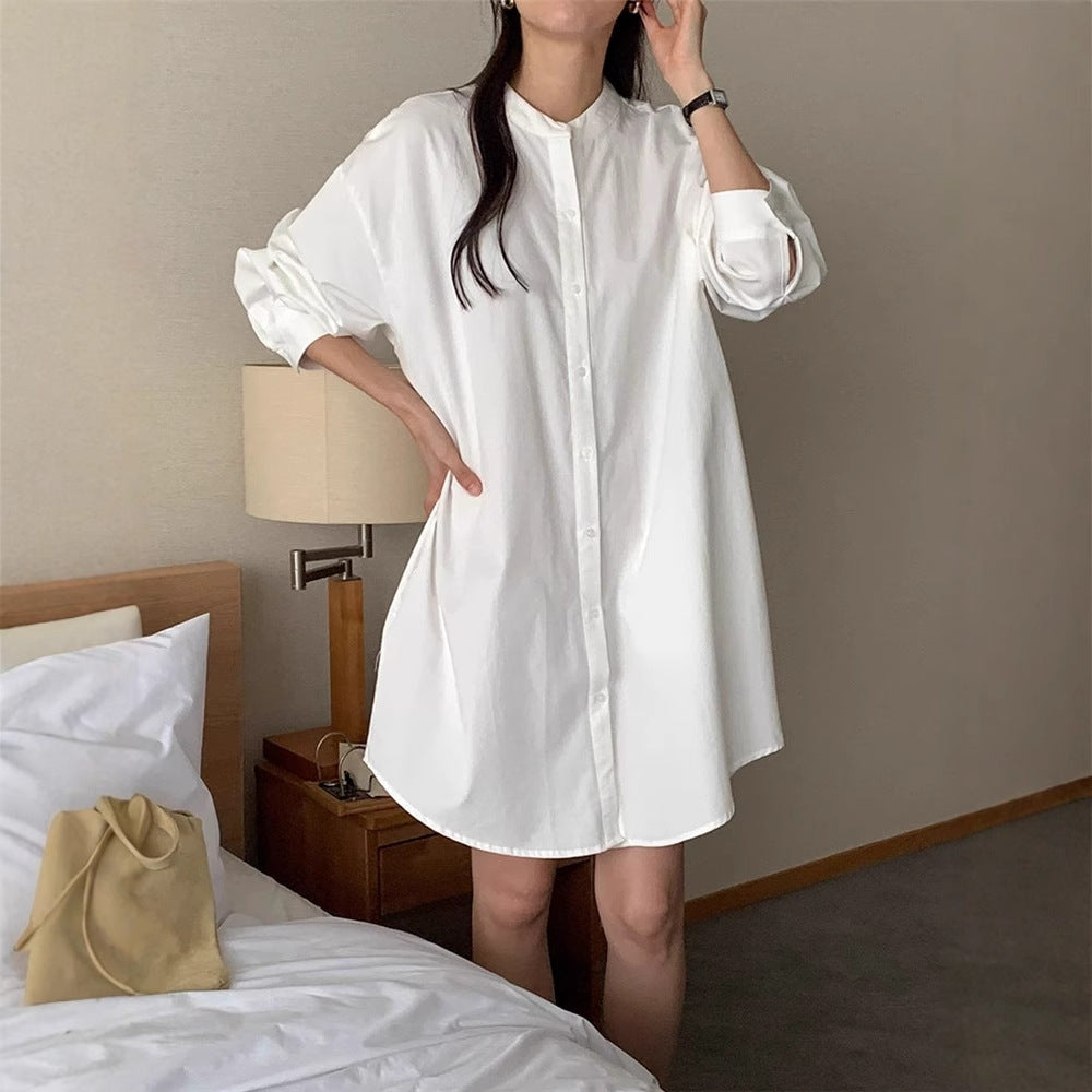 Damen Weites Baumwoll-Hemdblusenkleid mit Stehkragen, Oversize-Schnitt und gerundetem Saum Shop Nory
