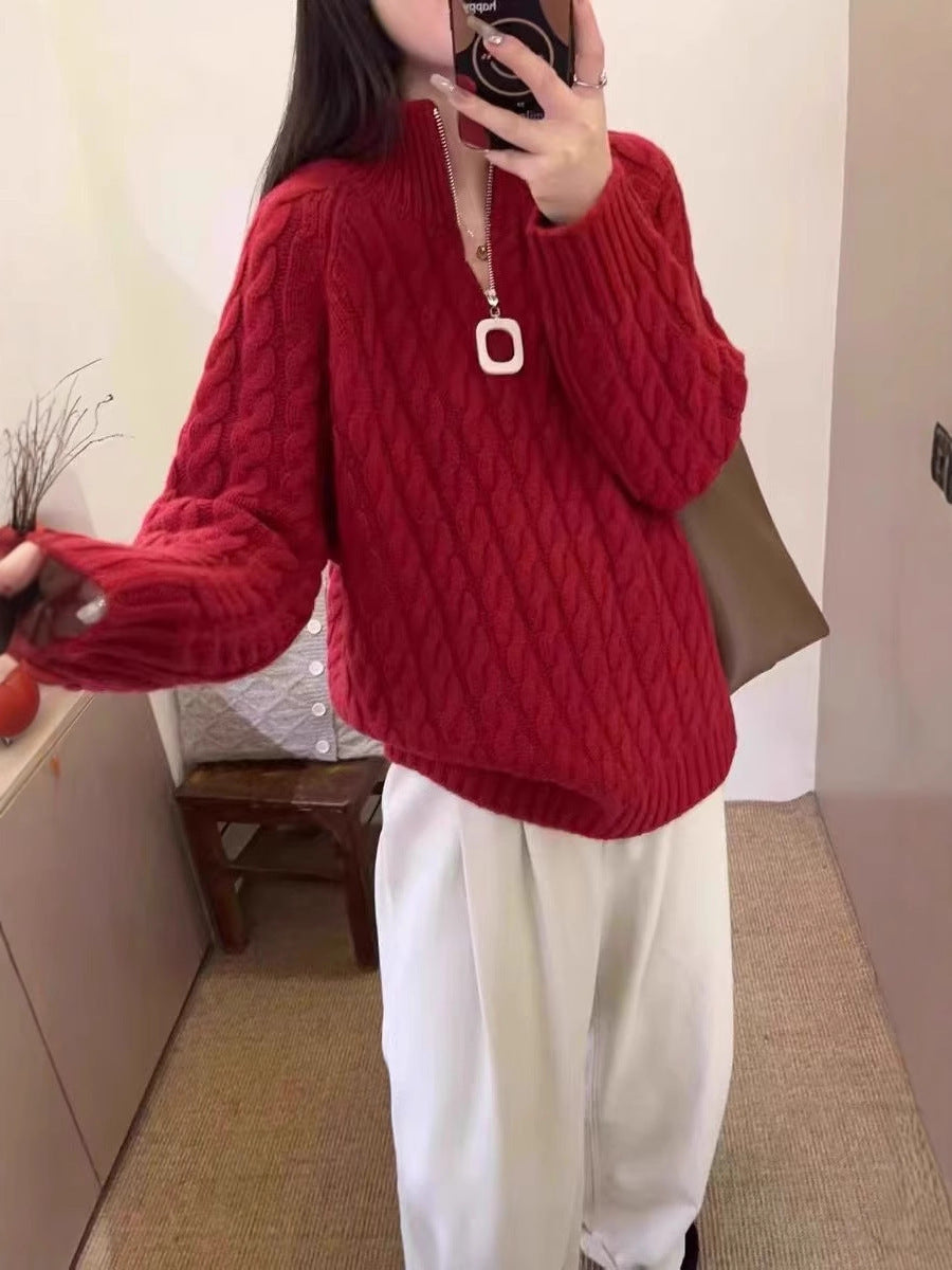 Damen Oversize Zopfmuster-Feinstrickpullover mit halbem Zipper und Stehkragen Shop Nory